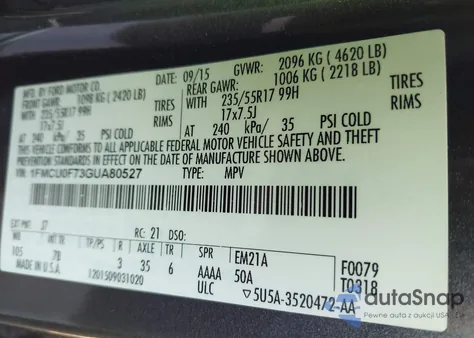 2016 Ford Escape S из США, поврежденный, VIN 1FMCU0F73GUA80527